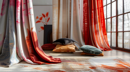Vibrant interior scene featuring richly textured curtains in shades of red, orange, and white draped dramatically near a sunlit window with decorative floor cushions