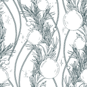 A seamless pattern of pine branches with baubles and beads, floral garlands. A hand-drawn monochrome line art graphic illustration with pen and ink. Christmas, winter, and New Year s print.