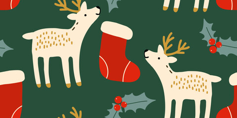 Festive Reindeer and Holly Seamless Holiday Pattern