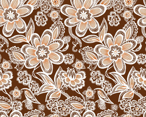 Elegant floral pattern with intricate details and a warm, earthy color palette perfect for sophisticated textiles and vintage inspired designs