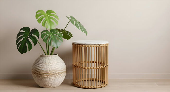 Minimalist interior scene with a Monstera plant in a ceramic vase and a rattan side table against a neutral wall.