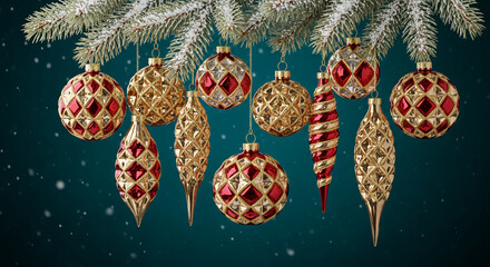 Ornamental display features glass sphere and icicle decoration, gold and red, hanging from snowy pine branch, against teal backdrop; festive, holiday, celebration