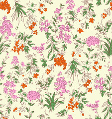 Delicate floral pattern featuring pink and orange blossoms, perfect for creating a charming and elegant atmosphere, ideal for fabrics and wallpapers