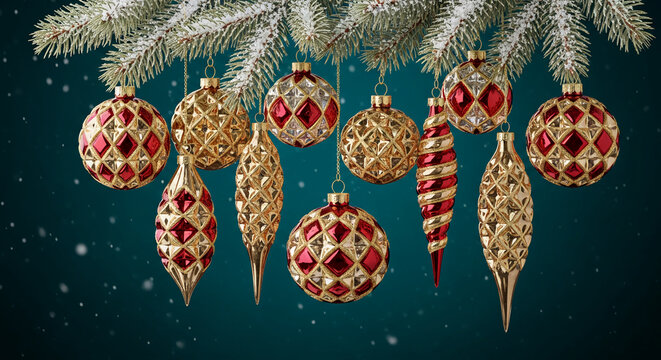 Ornamental display features glass sphere and icicle decoration, gold and red, hanging from snowy pine branch, against teal backdrop; festive, holiday, celebration
