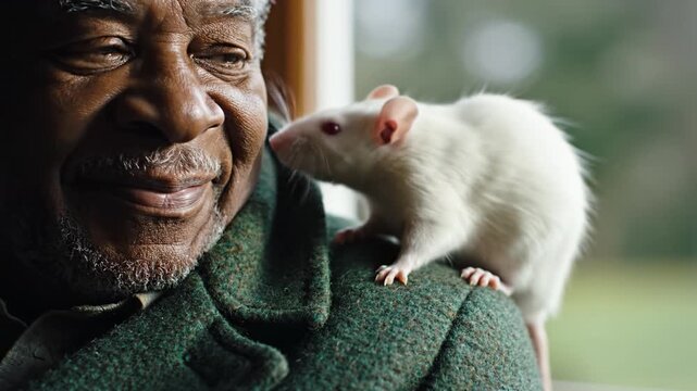 Close up of a happy senior man with a white pet rat perched on the shoulder of his green coat. The scene conveys warmth and companionship, ideal for pet therapy and senior lifestyle themes.