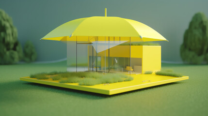A conceptual 3d rendering of a modern house structure sheltered beneath a giant, bright yellow umbrella in a lush green setting