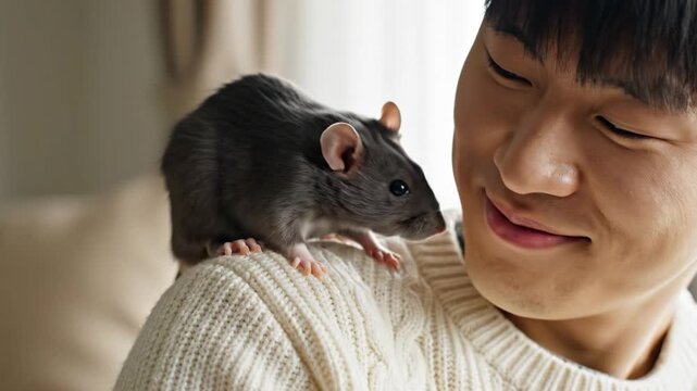 Close up of happy Asian man with grey pet rat on shoulder. Scene conveys friendship and trust in cozy home setting. Ideal for pet care, lifestyle and rodent lovers content.