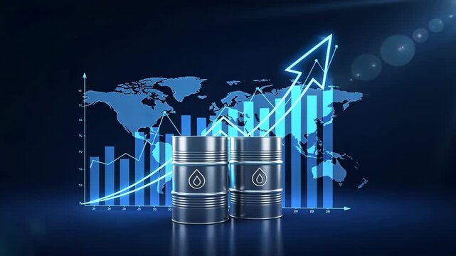 Oil barrels under neon arrow and finance charts showing energy market growth, price jump, and profit barrel movement