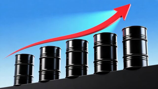 Metallic oil barrels and red arrow up on blue background showing clean price jump and profit barrel market rise