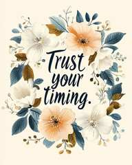 AI Generated - Poster with the words "Trust Your Timing" written in a bold font surrounded by a wreath of flowers and leaves. Commercial illustration artwork. Illustration. High-resolution. High-res.