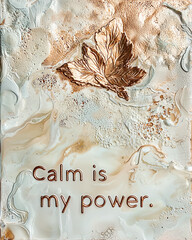 AI Generated - Painting of a leaf with the words "calm is my power" written on it, creating a peaceful and calming atmosphere. Commercial illustration artwork. Illustration. High-resolution. High-res.