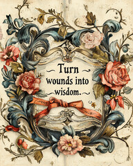AI Generated - Poster with a painting of flowers and text that reads "Turn wounds into wisdom". Commercial illustration artwork. Illustration. High-resolution. High-res. Premium quality. Premium.