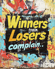 AI Generated - Painting on the wall with the words "Winners Train Losers Complain" written in bold, black lettering. Commercial illustration artwork. Illustration. High-resolution. High-res.