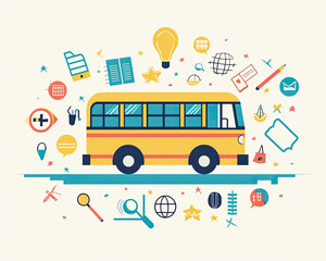 AI Generated - Yellow school bus surrounded by various school supplies such as a light bulb, a book, a pencil, a bag, a magnifying glass, and other objects. Commercial illustration artwork. -