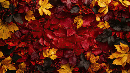 AI Generated - Vibrant display of red and yellow leaves and berries on a black background, creating a beautiful autumn wallpaper. Professional stock photography. Stock photo. High-resolution.