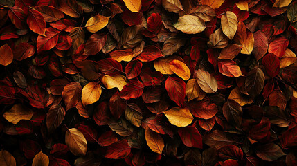 AI Generated - Pile of red and yellow leaves on a black background, creating a vivid contrast between the vibrant colors of the leaves and the darkness of the background. - Professional stock