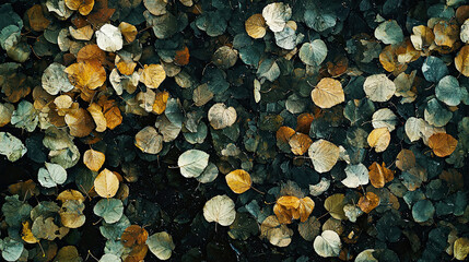AI Generated - Pile of yellow and green leaves floating on top of a body of water, creating a vibrant and colorful scene. Professional stock photography. Stock photo. High-resolution. High-res.