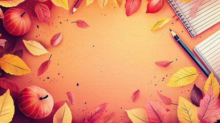 AI Generated - Autumn background with a notebook, pencils, and pumpkins scattered across the surface. Commercial illustration artwork. Illustration. High-resolution. High-res. Premium quality.