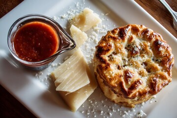 Timpana served on white plate, accompanying bowls of tomato sauce and cheese. Concept of baked pasta starter Maltese festive cuisine on wooden table.