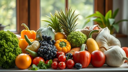 vitamin. Colorful fresh fruits and vegetables arranged artistically, highlighting natural beauty and healthy eating. menu design.