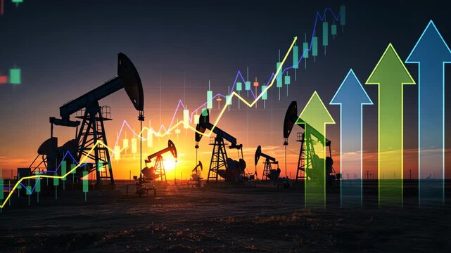 Oil pumpjacks at sunset with glowing graphs and arrows upward showing market price jump and profit barrel growth
