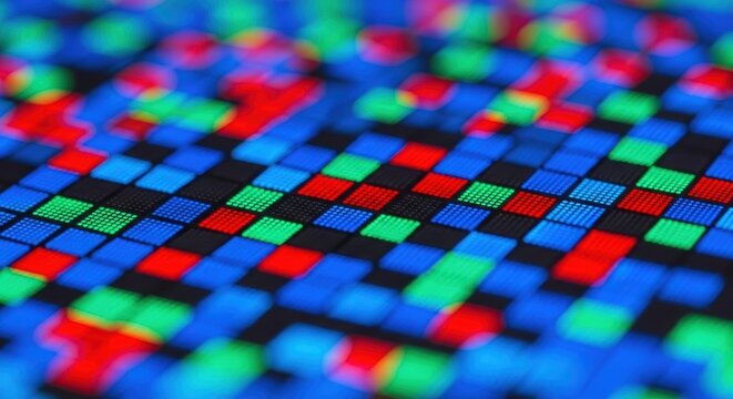 A close up shot shows an abstract grid of blue green and red squares on a dark background creating a modern and technological feel professional stock photography content