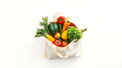consumer. Colorful fresh produce arranged in a reusable shopping bag against a white background. menu design, packaging mockups, designed for culinary blogs and recipe cards for restaurants.