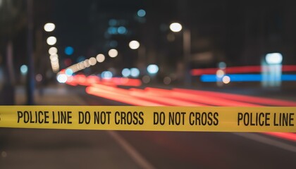 Yellow police tape blocking a city street at night, with blurred light trails from passing vehicles in the background, signaling an ongoing investigation or incident
