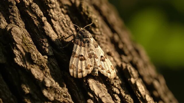 A close-up shot of a moth with patterned wings resting on textured tree bark, in natural light