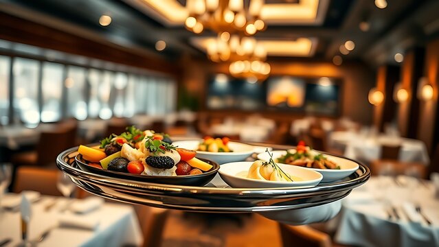 tray. Elegant serving tray with gourmet dishes in motion, showcasing upscale restaurant professionalism. menu design, packaging mockups, designed for food delivery and cloud-kitchen brand materials.