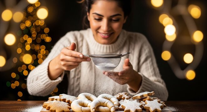 Woman dusting powdered sugar onto homemade Christmas cookies against a festive bokeh background.