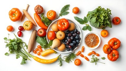 overhead. A balanced arrangement of fresh vegetables and fruits on a clean surface from above. menu design, packaging mockups, designed for food delivery and cloud-kitchen brand materials.
