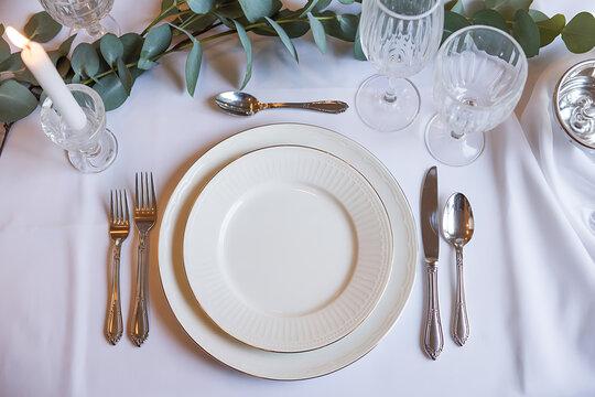 Elegant table setting with white plates, silverware, and a lit candle