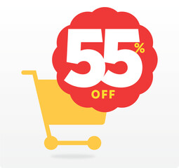 55% off, market, special, advertisement, promo, sale, discount, offer, clearance, tag, store, advertising, shopping cart, vector, set, icon, design, poster, sign. Retail, annual, banner, shape