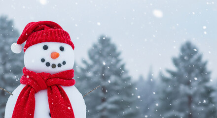 Close-up of snowman with carrot nose, wearing red knitted hat and scarf in a snowy outdoor winter setting, representing seasonal festive cheer