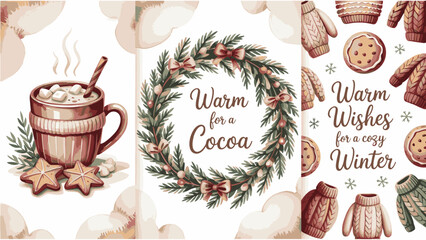 Watercolor Cozy Winter Holiday Card Set with Hot Chocolate, Christmas Wreath, Cookies, and Knitted Mittens