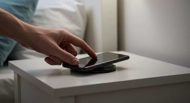 Person placing a smartphone on a wireless charging pad, highlighting the convenience of modern technology.Concept of wireless charging and digital connectivity.