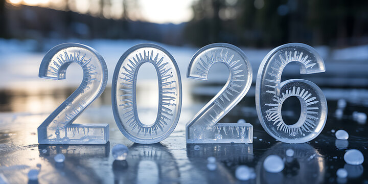 The year 2026 is formed from clear ice on a reflective surface