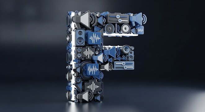 Letter F formed by audio equipment and sound wave graphics. - Powered by Adobe