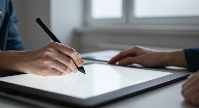 A digital artist uses a stylus on a graphics tablet for creative design work on a computer. Concept of digital art and graphic design.