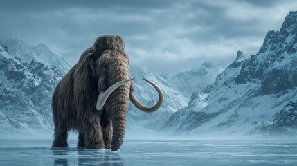 Naklejka premium Majestic mammoth stands in icy water, a relic of the ice age. Snow-capped mountains rise in the background, a serene scene of wildlife and ancient history.