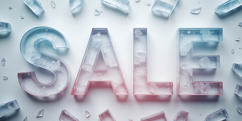 The word sale formed from ice cubes and shards, symbolizing a cool or frozen discount