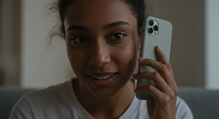 A woman holds a smartphone, highlighting modern digital communication and social technology.Concept of smartphone technology and communication.