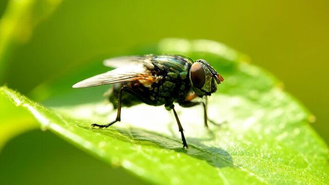 A close-up shot of a housefly sitting on a green leaf. The fly is out of focus