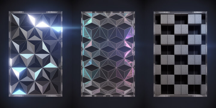 Ultra-detailed 8K abstract geometric triptych, metallic chrome prisms, holographic hexagons, matte concrete lines, futuristic tech design, corporate stock,  photorealistic. - Powered by Adobe