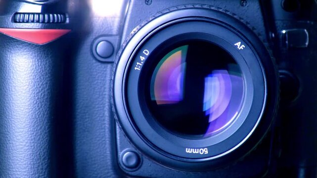 Close-Up of DSLR Camera Lens Aperture Opening & Closing &ndash; Cinematic 4K Footage with Blue Lighting for Photography, Tech, or Filmmaking Projects