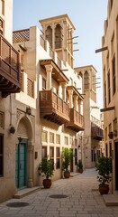 Obraz premium Traditional buildings line a sunlit narrow stone street with potted plants.