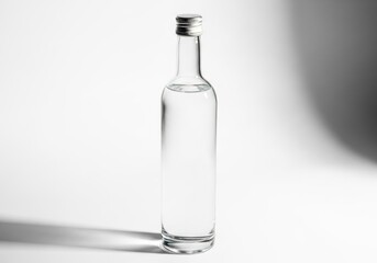 Bottle of clear liquid with silver cap on white background isolated on white background