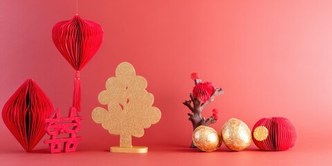 Traditional chinese new year decorations on red background