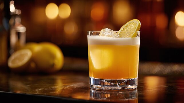 Close-up shot of a cocktail with a lemon garnish on a glossy dark surface, blurred background with a lemon.